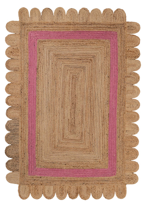 Scalloped Jute Rug, Pink Single Border Jute Scallop Boho Decor Handmade Rug, Customize in any Size & Shape.
