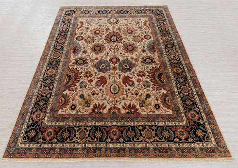 8x10 Classic Cream Navy High Quality Hand Knotted Wool Rug #5554