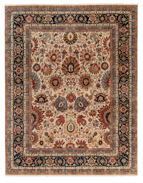 8x10 Classic Cream Navy High Quality Hand Knotted Wool Rug #5554