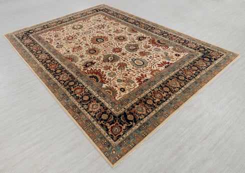 9x12 Cream Navy Hadji Jalili Hand Knotted Wool Rug, Classic Decor-5658