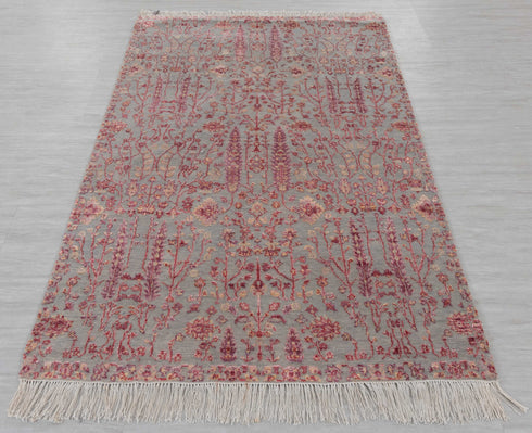 4x6 Rug Tree of Life Pine Garden Design Rug Modern Handmade Wool & Silk Rug, #598