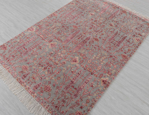 4x6 Rug Tree of Life Pine Garden Design Rug Modern Handmade Wool & Silk Rug, #598