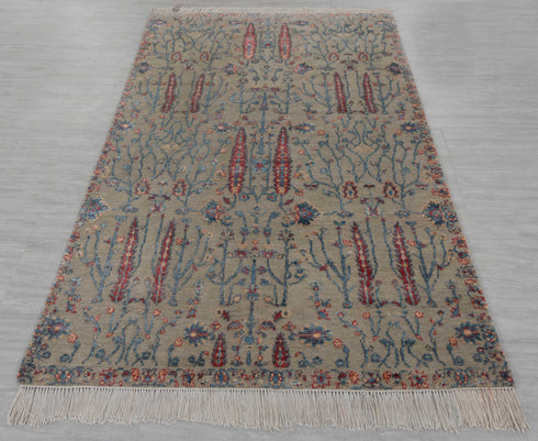 4x6 Rug Tree of Life Pine Garden Design Rug Modern Handmade Wool & Silk Rug, #597