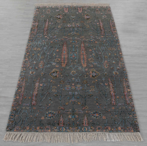 3x5 Rug Tree of Life D. Grey Rug Modern Handmade Wool & Silk Rug, #1021(90x150 Cms.)