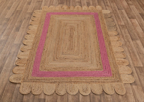 Scalloped Jute Rug, Pink Single Border Jute Scallop Boho Decor Handmade Rug, Customize in any Size & Shape.