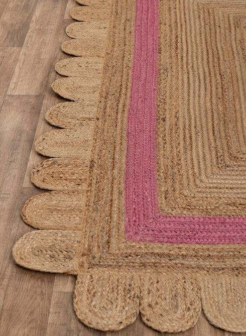 Scalloped Jute Rug, Pink Single Border Jute Scallop Boho Decor Handmade Rug, Customize in any Size & Shape.