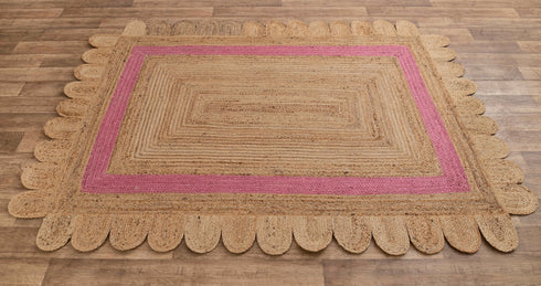Scalloped Jute Rug, Pink Single Border Jute Scallop Boho Decor Handmade Rug, Customize in any Size & Shape.
