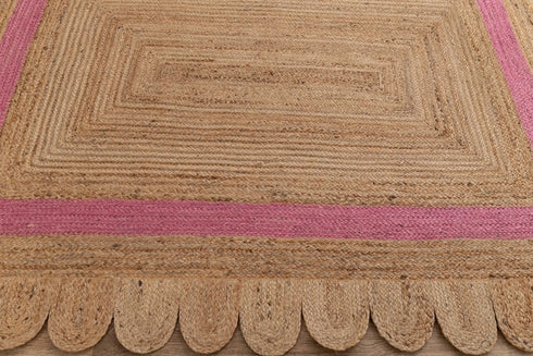 Scalloped Jute Rug, Pink Single Border Jute Scallop Boho Decor Handmade Rug, Customize in any Size & Shape.