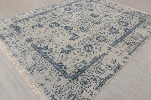 8x10 Grey & Teal Blue Traditional-Modern Handmade Wool nd Silk touch Rug