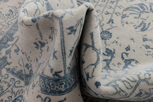 8x10 Grey & Teal Blue Traditional-Modern Handmade Wool nd Silk touch Rug