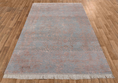 6X9 Rug Floral Design Rug Grey Charcoal Modern Style Handmade Wool Silk Touch Rug #4539(180x275 Cms.)