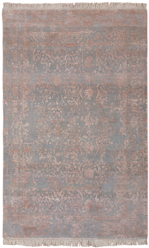 6X9 Rug Floral Design Rug Grey Charcoal Modern Style Handmade Wool Silk Touch Rug #4539(180x275 Cms.)