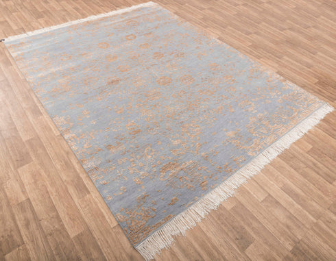 8x10 Rug Modern Transitional Grey Orange Wool Silk Rug Style Handmade Rug #3247