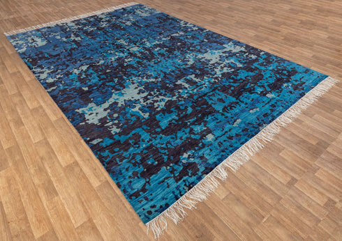 10x14 Large RugAbstract Blue Modern Handmade Abstract Wool Area Rug #8075(300x450 cms.)