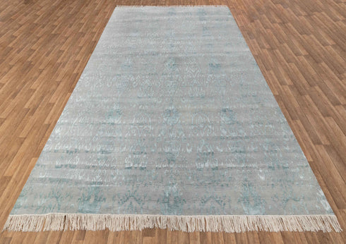 12x15 Area Rug Handmade Transitional Wool Silk Silver Aqua Blue #3421(366x457 Cms.)