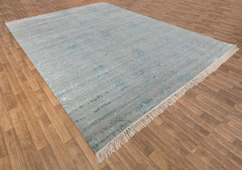 12x15 Area Rug Handmade Transitional Wool Silk Silver Aqua Blue #3421(366x457 Cms.)