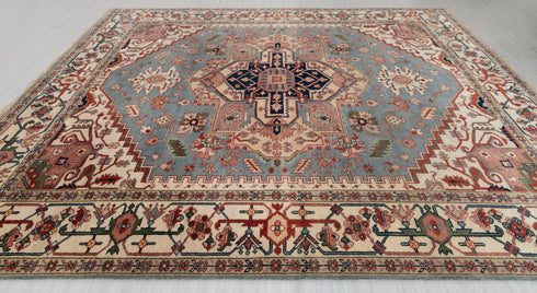 9x12 Blue Cream Serapi Heriz Classic Persian Hand Knotted 100% Wool Rug, Rug-Se-31
