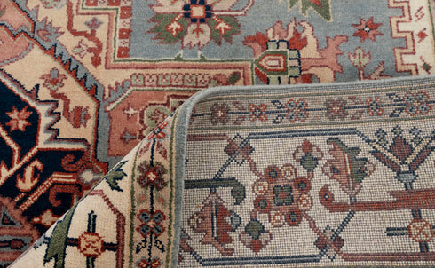 9x12 Blue Cream Serapi Heriz Classic Persian Hand Knotted 100% Wool Rug, Rug-Se-31