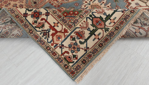 9x12 Blue Cream Serapi Heriz Classic Persian Hand Knotted 100% Wool Rug, Rug-Se-31
