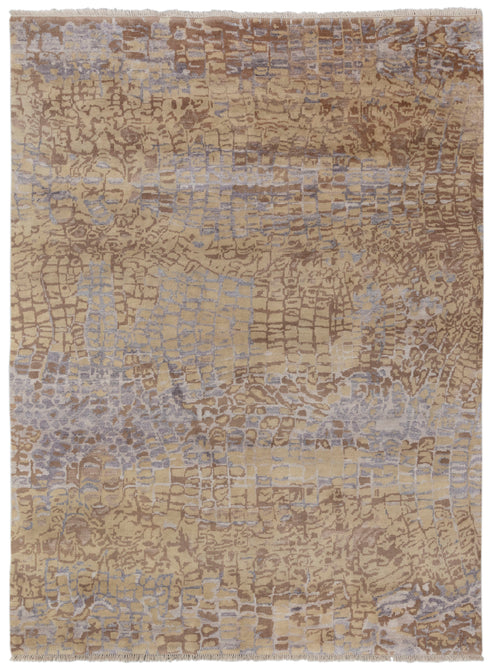 8x10 Yellow Rust Brown Geometric Design Rug Hand Knotted Wool Silk Rug #SE-34