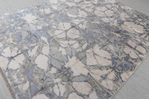 8x10 Lavender Beige Gret Flower Soft Shiny Wool Silk Oushak Turkish Design Hand Knotted Hand Spun Wool Rug #SE-23