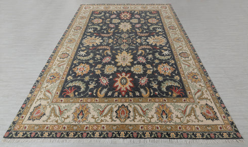 9x12 Black Cream Classic Retro Kerman Hand Knotted High Quality Wool Rug, Decorative Living Room Carpet-1499