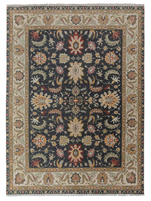 9x12 Black Cream Classic Retro Kerman Hand Knotted High Quality Wool Rug, Decorative Living Room Carpet-1499