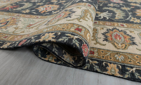 9x12 Black Cream Classic Retro Kerman Hand Knotted High Quality Wool Rug, Decorative Living Room Carpet-1499