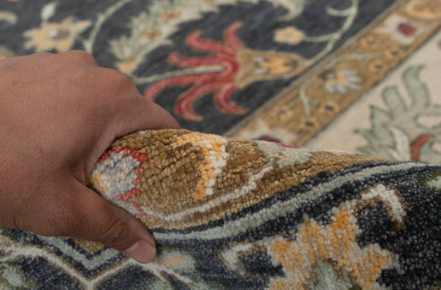 9x12 Black Cream Classic Retro Kerman Hand Knotted High Quality Wool Rug, Decorative Living Room Carpet-1499