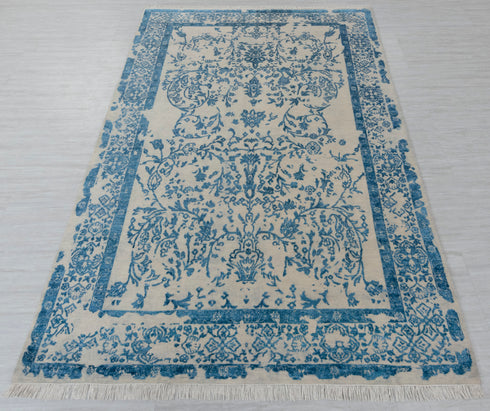 6X9 Beige Blue Rug Modern Style Handmade Wool Silk Touch Rug #2431(180x275 Cms.)