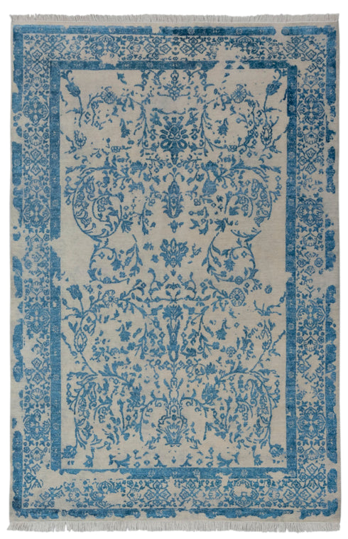 6X9 Beige Blue Rug Modern Style Handmade Wool Silk Touch Rug #2431(180x275 Cms.)