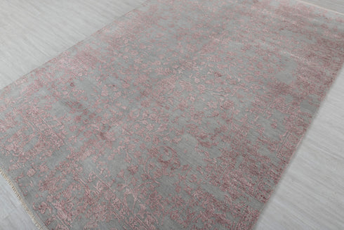 6X9 Rug Floral Design Rug Grey Pink Modern Style Handmade Wool Silk Touch Rug #635(180x275 Cms.)