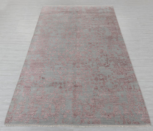 6X9 Rug Floral Design Rug Grey Pink Modern Style Handmade Wool Silk Touch Rug #635(180x275 Cms.)