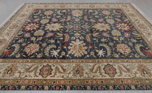 9x12 Charcoal Beige Retro Kerman Hand Knotted High Quality 100% Wool Rug-274