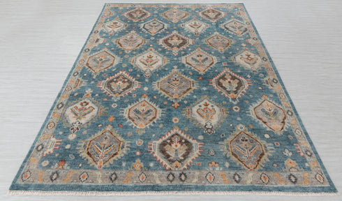 8x10 Blue Tribal Oushak Home Decor Rug Modern Ushak Turkish Design Hand Knotted Hand Spun Wool Rug #4546