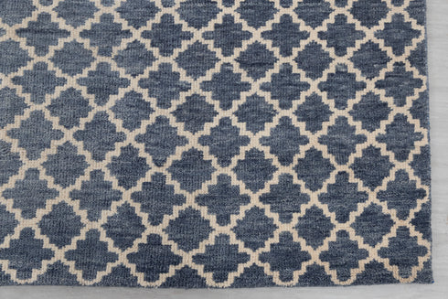 8x10 Geometric Blue Cream Design Saree Silk Rug Home Decor Rug  Hand Knotted Hand Spun Wool Rug #SE-52