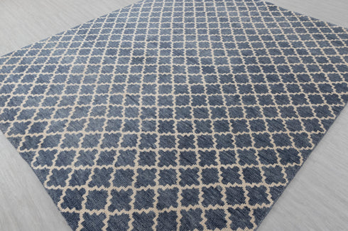 8x10 Geometric Blue Cream Design Saree Silk Rug Home Decor Rug  Hand Knotted Hand Spun Wool Rug #SE-52