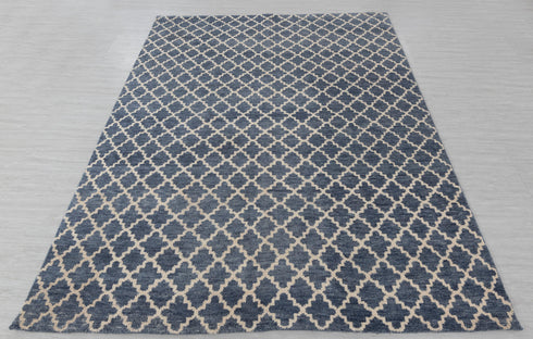 8x10 Geometric Blue Cream Design Saree Silk Rug Home Decor Rug  Hand Knotted Hand Spun Wool Rug #SE-52