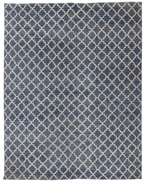 8x10 Geometric Blue Cream Design Saree Silk Rug Home Decor Rug  Hand Knotted Hand Spun Wool Rug #SE-52