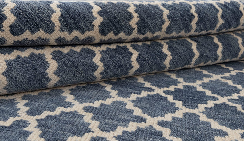 8x10 Geometric Blue Cream Design Saree Silk Rug Home Decor Rug  Hand Knotted Hand Spun Wool Rug #SE-52