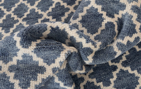 8x10 Geometric Blue Cream Design Saree Silk Rug Home Decor Rug  Hand Knotted Hand Spun Wool Rug #SE-52