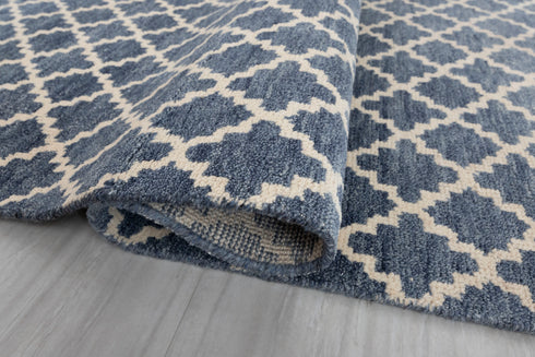 8x10 Geometric Blue Cream Design Saree Silk Rug Home Decor Rug  Hand Knotted Hand Spun Wool Rug #SE-52