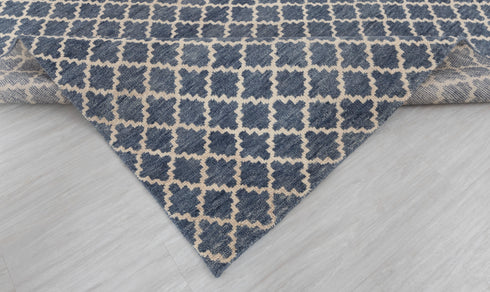 8x10 Geometric Blue Cream Design Saree Silk Rug Home Decor Rug  Hand Knotted Hand Spun Wool Rug #SE-52