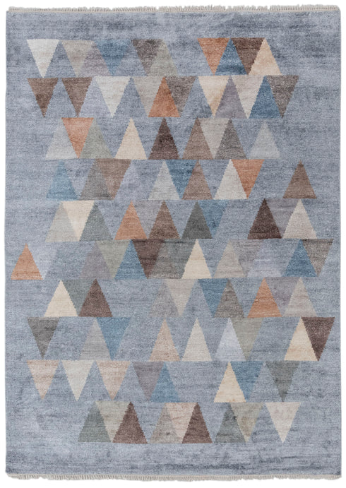 8x10 Wool Silk Geometric Blue Mid Century Inspired Hand Knotted Rug #Se-66(242x300 Cms.) Free Shipping!!