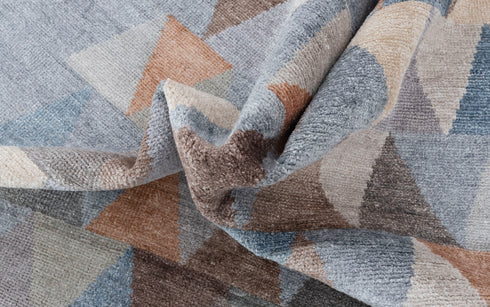 8x10 Wool Silk Geometric Blue Mid Century Inspired Hand Knotted Rug #Se-66(242x300 Cms.) Free Shipping!!