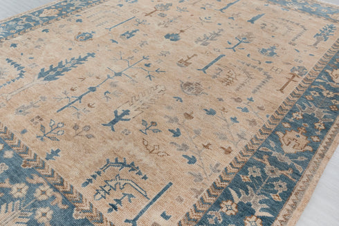 9x12 Tan Blue Washable Rug Modern Turkish Wool Oushak Design Hand Knotted Hand Spun Wool Rug #SE-137