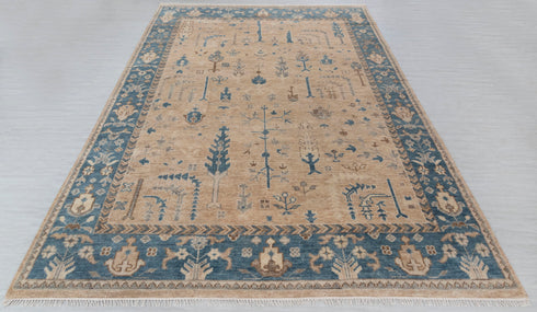 9x12 Tan Blue Washable Rug Modern Turkish Wool Oushak Design Hand Knotted Hand Spun Wool Rug #SE-137