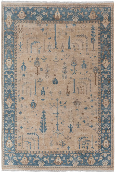 9x12 Tan Blue Washable Rug Modern Turkish Wool Oushak Design Hand Knotted Hand Spun Wool Rug #SE-137