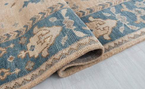 9x12 Tan Blue Washable Rug Modern Turkish Wool Oushak Design Hand Knotted Hand Spun Wool Rug #SE-137