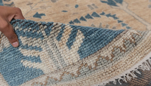 9x12 Tan Blue Washable Rug Modern Turkish Wool Oushak Design Hand Knotted Hand Spun Wool Rug #SE-137